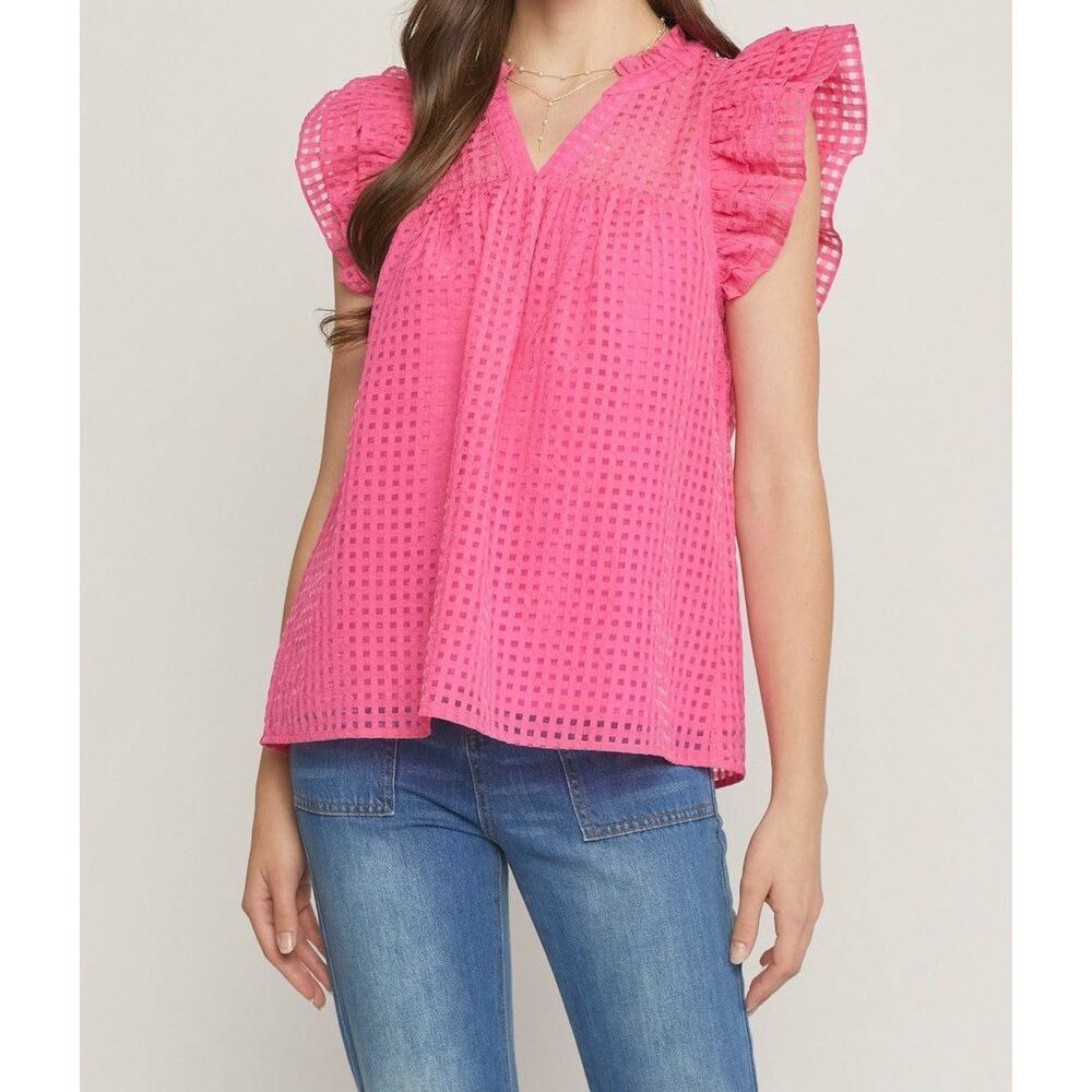 Entro Women’s Pink Ruffle Sleeve Sheer Overlay Top Sz Medium NEW